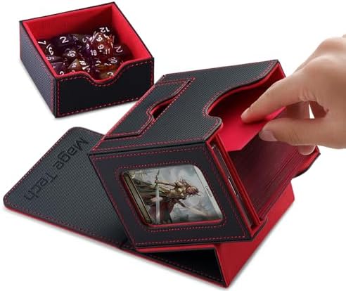 Card Deck Box for MTG Commander - Patented Design, Commander Display, Fits 100 Double-Sleeved Cards, 35pt Card Brick & Dice Tray - Black/Red