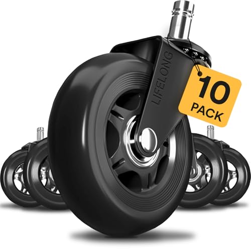 Lifelong Office Chair Wheels Replacement Rubber Chair Casters for Hardwood Floors and Carpet, Set of 5, Heavy Duty Casters for Chairs to Replace Office Chair Mats - Fits 98% (10 Pack)