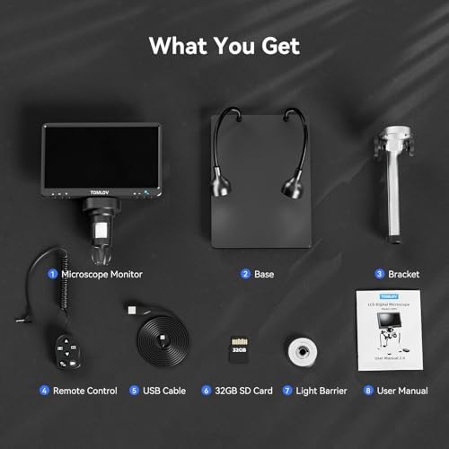 TOMLOV DM9B 7" Digital Microscope: 1080P 1200X Coin Microscope Magnifier, 12MP Ultra-Precise Focusing LCD Soldering Microscopes for Adults, PC View, 32GB, Black