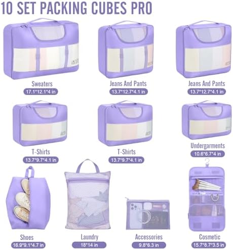 Veken 10 Set Packing Cubes for Travel Essential, Suitcase Organizer Bags in 4 Sizes, Carry-On Luggage Accessories with Large Laundry & Hanging Toiletry Bag, Must-Have for Airplane, Road Trip & Camping