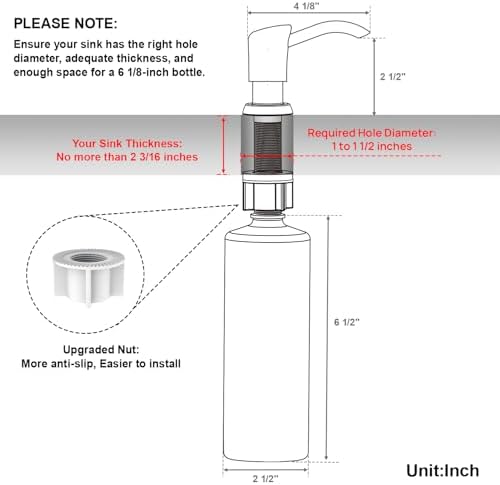 GAGALIFE Built in Sink Soap Dispenser or Lotion Dispenser for Kitchen Sink, Brushed Nickel ABS Pump Head, with 17 Ounce Large PET Soap Bottle
