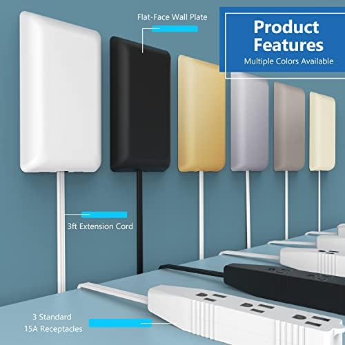 LIDER Flat-Face Outlet Extender with 3 Receptacles, Ultra-Thin Wall Plate Plug with Cord Extender and 3-Outlet Power Strip, 3ft Cord, LWE3-315-W, ETL-Listed, White