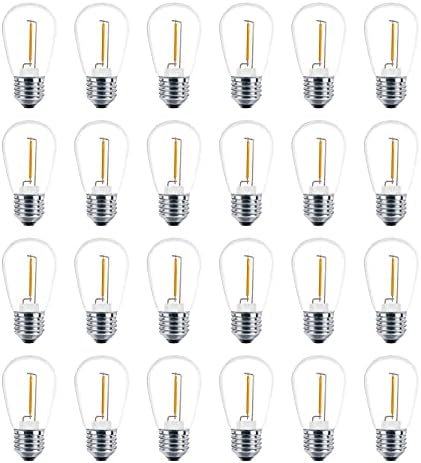 Meconard 24 Pack LED S14 Replacement Light Bulbs, Shatterproof Outdoor 1 Watt to Replace 11Watts String Incandescent Bulb, E26 Regular Medium Screw Base, 2200K Warm White, Non-Dimmable