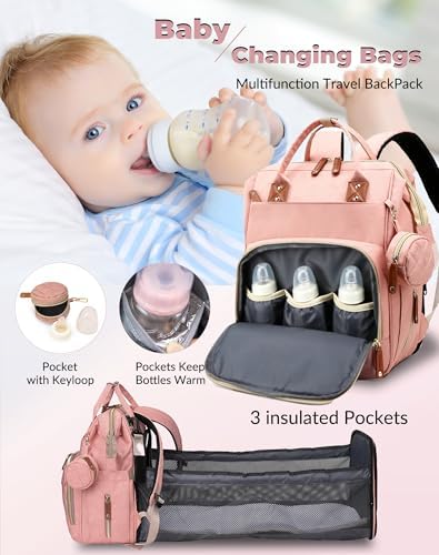 Diaper Bag with Changing Station, Waterproof 3 in 1 Baby Diaper Backpack with Foldable Changing Pad, Large Travel Back Pack for Baby Girl Boy, Peach Pink