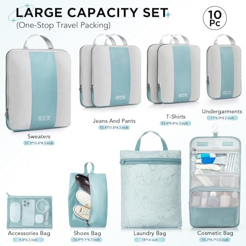 10 Set Compression Packing Cubes for Travel Essentials,Compressible Expandable Packing Cubes for Suitcase,OlarHike Luggage Organizer Bags for Travel,Handy Helper for Organizing Clothes(Blue Gray)