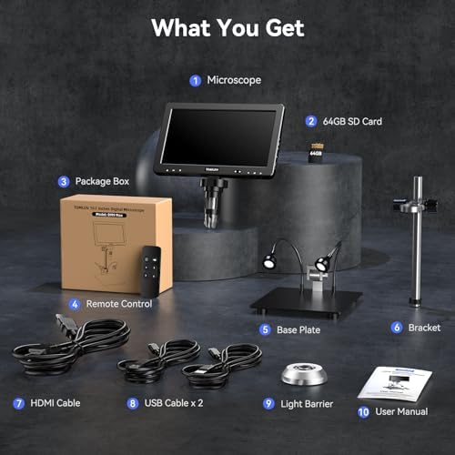 TOMLOV DM9 Max Digital Microscope: 20MP 10.1" 1500X HD IPS HDMI Coin Microscope Magnifier for Error Coins with Screen, LCD Soldering Microscopes for Adults, 10 LED Lights, PC/TV Compatible, 64GB