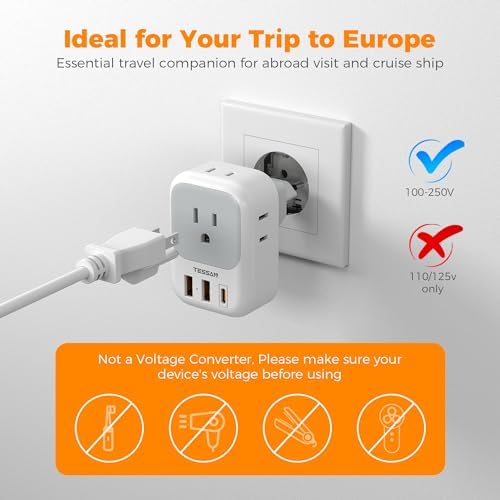 TESSAN European Travel Plug Adapter, Europe Adapter with 4 Outlets and 3 USB(1 USB C PD 20W), International Foldable Plug Type C Power Adaptor for EU Spain France Italy Germany Portugal Iceland