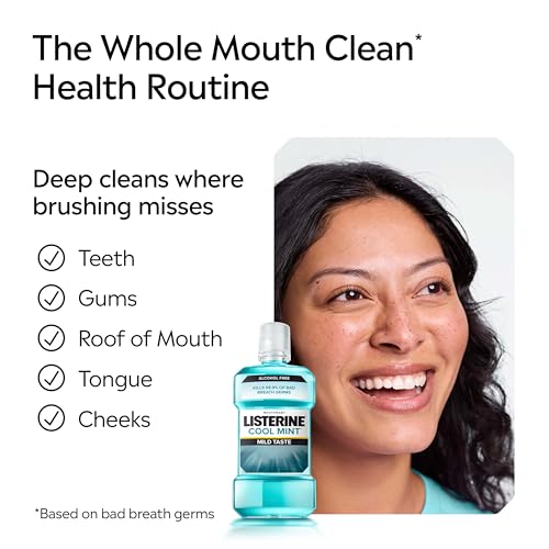 Listerine Cool Mint Alcohol Free Mouthwash, Bad Breath Germ Killing, Bad Breath Treatment Oral Rinse for Adults; Cool Mint Flavor, 500 mL, 6 Pack