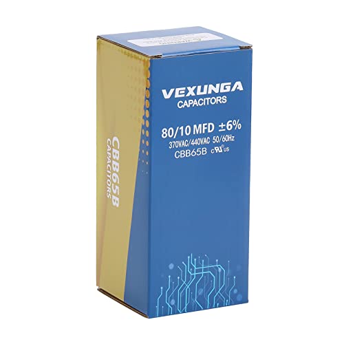 80/10 uF 80+10 MFD 370VAC or 440VAC Dual Run Start Round A/C Capacitor CBB65 CBB65B Air Conditioner Capacitors for AC Unit Fan Motor Start or Heat Pump or Condenser Straight Cool