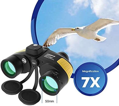 AOMEKIE Marine Binoculars for Adults 7X50 Military Waterproof Binoculars with Illuminated Rangefinder Compass BAK4 Prism IPX7 Fogproof for Boating Navigation Hunting Fishing Water Sports