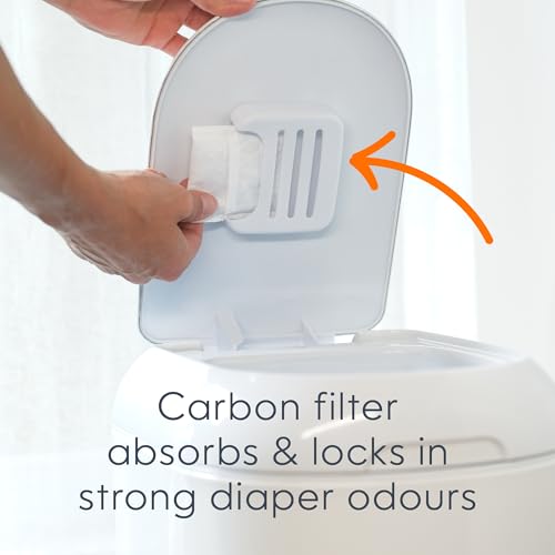Diaper Genie Platinum Pail (Lilly White) is Made of Durable Stainless Steel and Includes 1 Easy Roll Refill with 18 Bags That can Last up to 5 Months.