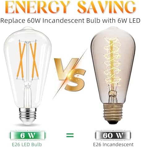 Edison Bulbs, E26 LED Bulb 60 watt Equivalent, Non-Dimmable, Soft White 2700K, ST58 Vintage Light Bulbs, 90+ CRI, 6W 600LM, E26 Medium Base, Clear Glass, 12 Pack