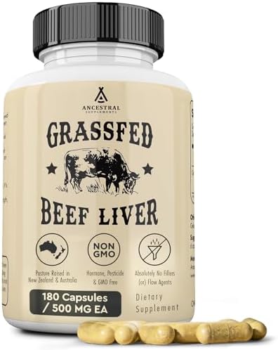 Ancestral Supplements Grass Fed Beef Liver 180 Capsules, Supports Energy Production, Detoxification, Digestion, Immunity and Full Body Wellness, Non-GMO, Freeze Dried Liver Health Supplement