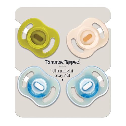 Tommee Tippee Stay Put Pacifier Set, Contains 2 Ultra-Light StayPut Glow in The Dark Pacifiers and 2 Ultra-Light StayPut Pacifiers, 6-18 Months, Colors May Vary, One-Piece Silicone Design, Pack of 4