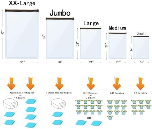 Vacuum Storage Bags Jumbo (12 x Jumbo),Plastic Packaging Bags,Space Saver Sealer Compression Bags for Blankets, Comforters, Pillows, Bedding,Clothes Storage