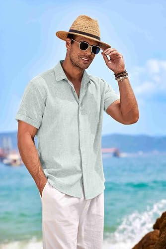 COOFANDY Men's Linen Shirts Short Sleeve Casual Shirts Button Down Shirt for Men Beach Summer Wedding Shirt