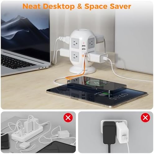 Tower Surge Protector Power Strip 10 ft, TESSAN Long Flat Extension Cord with Multiple Outlets, 8 AC Outlets with 4 USB Ports (1 USB C), Charging Station with Surge Protection, for Home Office Dorm