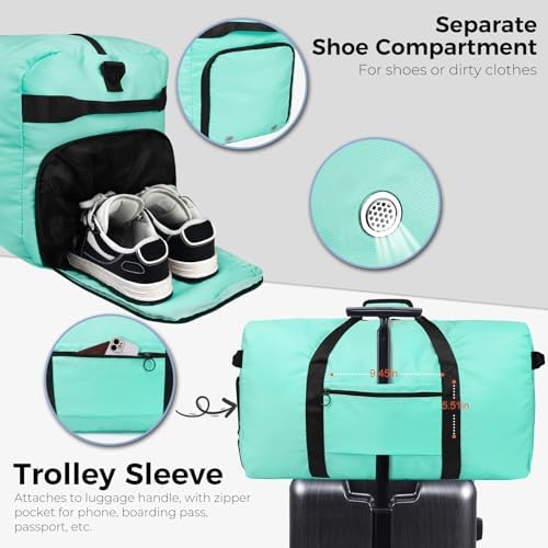 Fmeida 65L Duffle Bag with Shoes Compartment, Foldable Travel Duffel Bags for Men Women, Large Packable Travel Bag Water Repellent & Tear Resistant (Mint Green)