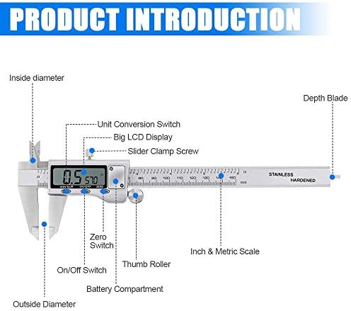 Digital Caliper Measuring Tool, Stainless Steel Vernier Caliper Digital Micrometer with Large LCD Screen, Easy Switch from Inch Metric Fraction, 6 Inch Caliper Tool for DIY/Household