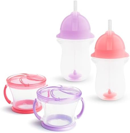 Munchkin Happy Snacker Toddler Cups and Snack Containers - 10oz Any Angle Weighted Straw Cup and 9oz Snack Catchers, Pink/Purple
