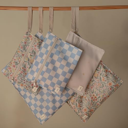mushie Water Resistant Wet Bags | Large & Small Reusable Storage Bag for Baby Items and Travel | Zippered Pockets with Handle | Machine Washable, Set of 2 (Pastel Blooms)