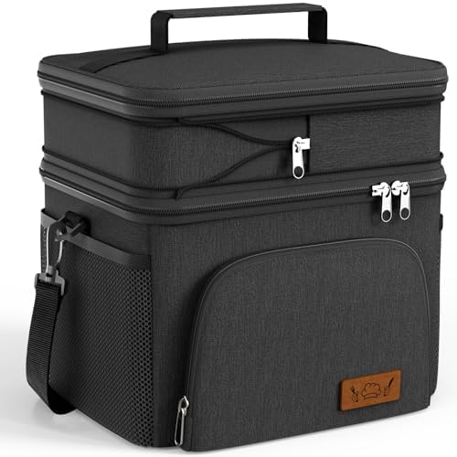 HOTOR Insulated Lunch Box for Men & Women - Leak-Proof Cooler Lunch Bag with 4 Pockets, Adjustable Strap, Ideal for Work, Picnic, Travel - Black, 2 Layers, Medium, 10.24"×7.09"×11.81"