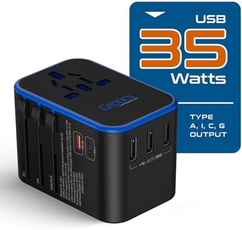 Ceptics Universal Travel Adapter, 35W International Power Adapter with PD & QC 3.0 Dual USB-C, 3 USB Travel Adapter Worldwide, Type I C G A Outlets 110V 220V A/C - EU Euro US UK (11-KU)