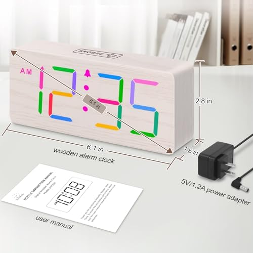 DreamSky Wooden Digital Clock for Bedroom Desk - RGB Loud Alarm Clock for Heavy Sleepers with Volume Control, Large Numbers with Dimmer for Living Room Office, Wood Decor (Adapter Powered)