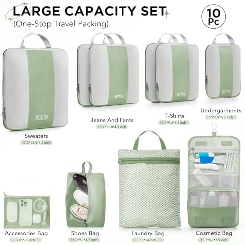 10 Set Compression Packing Cubes for Travel Essentials,Compressible Expandable Packing Cubes for Suitcase,OlarHike Luggage Organizer Bags for Travel,Handy Helper for Organizing Clothes(Matcha Green)