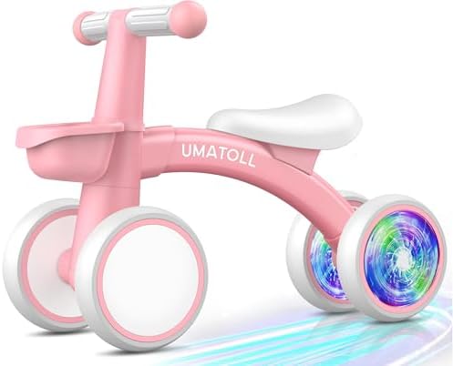 Umatoll Colorful Lighting Baby Balance Bike Toys for 1 Year Old Girls Gifts, Adjustable Seat, 1st Birthday Gifts, 12-24 Months Toddler Bike, Pink