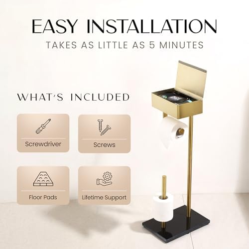 Day Moon™ Gold Toilet Paper Holder Free Standing Toilet Paper Holder with Storage - Toilet Paper Stand and Tissue Holder for Bathroom - Toilet Paper Holder with Shelf and Wipe Holder