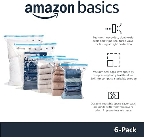 Amazon Basics Vacuum Compression Space Saving Storage Bags with Hand Pump for Clothes Packing, Jumbo, Clear, Pack of 6