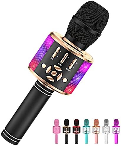 Amazmic Kids Karaoke Microphone Machine Toy Bluetooth Microphone Portable Wireless Karaoke Machine Handheld with LED Lights, Gift for Children Adults Birthday Party, Home KTV(Black Gold)