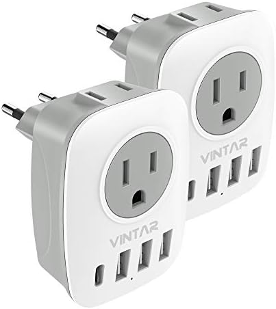 2 Pack European Travel Plug Adapter, VINTAR International Power Plug Adapter with 1 USB C, 2 American Outlets and 3 USB Ports, 6 in 1 Travel Essentials to Most of Europe Greece, Italy(Type C)