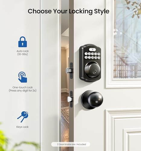 Veise Keyless Entry Door Lock with 2 Knobs, Electronic Backlit Keypad Deadbolt with Handle Set, Auto Lock, One-time Codes, Smart Deadbolt for Front Door, Easy Installation, Matte Black