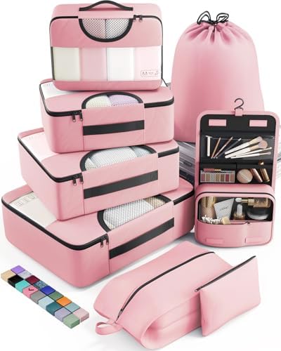 Veken 8 Set Packing Cubes for Travel Essentials, Pink Suitcase Organizer Bags in 4 Sizes, Carry-On Luggage Accessories with Large Laundry & Hanging Toiletry Bag, Must-Have for Airplane, Road Trip