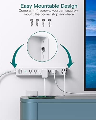 Extension Cord 10 ft - Long Power Strip Surge Protector, 6 AC Outlet 4 USB (2 USB C), Flat Plug, Wall Mount, Multi Plug Outlet Extender Desk Charging Station for Home Office Dorm Room Essentials