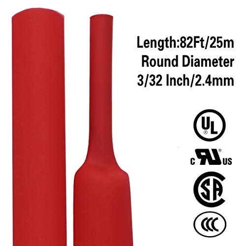 XHF 3/32 Inch(2.4mm) 82 Ft XHF 3:1 Waterproof Red Heat Shrink Tubing Roll Marine Grade Adhesive Lined Shrink Tube, Insulation Sealing Oil-Proof Wear-Resistant