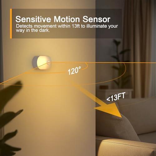 Lyridz Rechargeable Battery Night Light with Motion Sensor, Portable Mini Warm White LED Stick-on Closet Light, Adjustable Brightness for Bathroom, Bedroom, Kitchen, Cabinet, Stairs, Hallway, 2-Pack