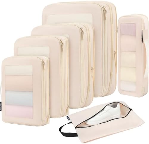 BAGAIL 4 Set/6 Set/8 Set Compression Packing Cubes Travel Accessories Expandable Packing Organizers (Square Mesh, 05-Beige)