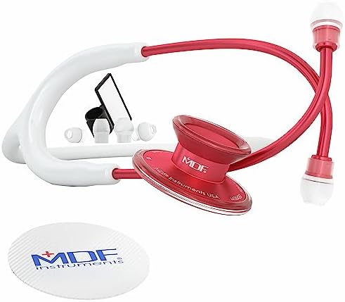 MDF Instruments, Acoustica Lightweight Stethoscope for Doctors, Nurses, Students, Home Health Use, Adult, Dual Head, White Tube, Red Chestpiece-Headset, MDF747XPR29
