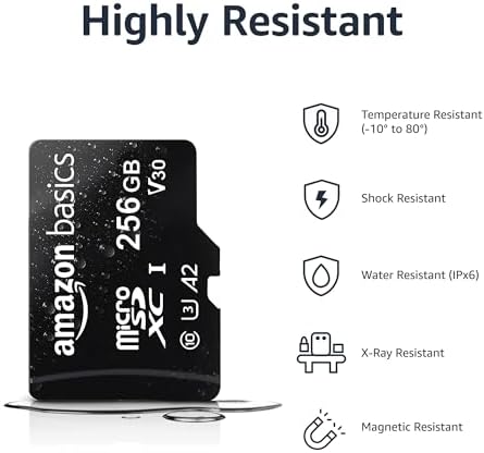 Amazon Basics Micro SDXC Memory Card with Full Size Adapter, A2, U3, Read Speed up to 100 MB/s, 256 GB, Black