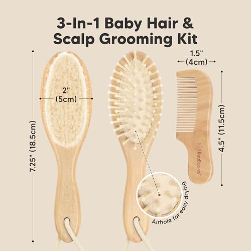 Baby Hair Brush and Comb Set for Newborn - Wooden Baby Hair Brush Set with Soft Goat Bristle, Baby Brush Set for Newborns Baby Brush and Comb Set Girl, Boy, Toddler Cradle Cap Brush (Oval, Walnut)