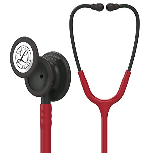3M Littmann Classic III Monitoring Stethoscope, 5868, More Than 2X as Loud, Weighs Less, Stainless Steel Black-Finish Chestpiece, 27" Burgundy Tube, Black Stem and Headset
