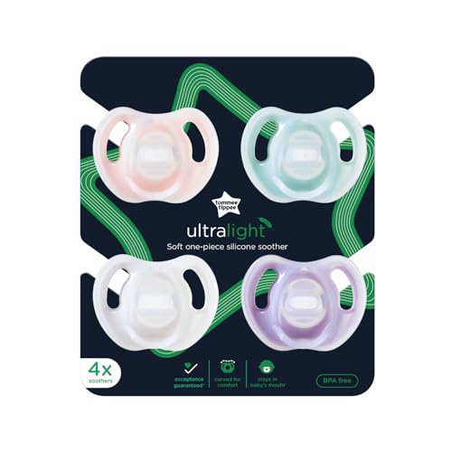 Tommee Tippee Ultra-Light Silicone Pacifier, 0-6 Months, Symmetrical One-Piece Design, BPA-Free Silicone Binkies, Pink/Purple/Green, Pack of 4