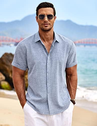 COOFANDY Men's Linen Shirts Short Sleeve Casual Shirts Button Down Shirt for Men Beach Summer Wedding Shirt
