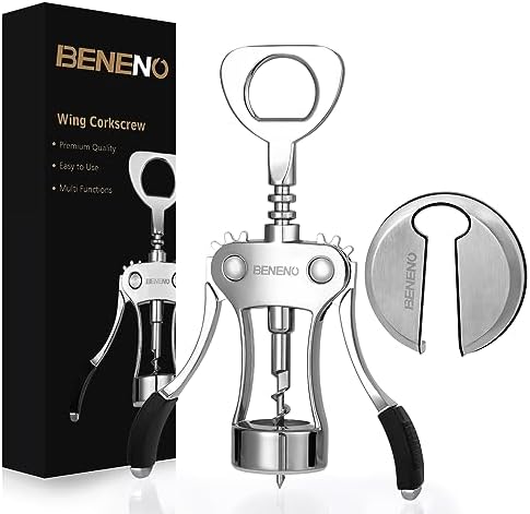 Beneno Wine Opener with Stainless Steel Wine Foil Cutter - Bottle Top Seal Cutter, Zinc Alloy Premium Wing Corkscrew with Multifunctional Bottles Opener, Upgrade