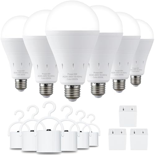 6 Pack Rechargeable Emergency Light Bulbs, Battery Powered Energy Efficient LED Light Bulb 6000K Daylight E26 120 Volt 9W 60W Equivalent with 1200mAh for Home Power Outage Camping Hurricane
