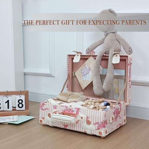 Unitravel Baby Keepsake Case, 13" Handmade Memory Storage Box, Newborn Keepsake Box, Vintage Suitcase for Baby Shower, Baptism, Naming Ceremony or Birthday (floral)