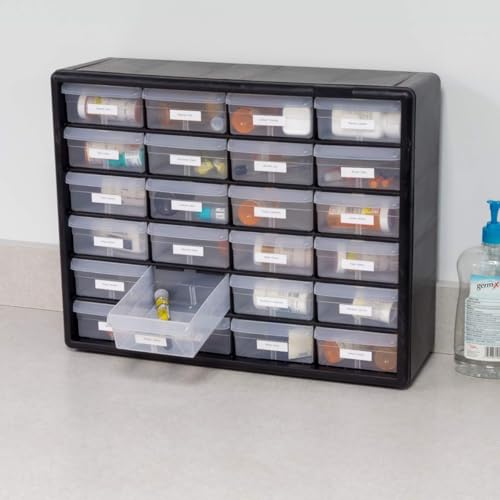 Akro-Mils 24-Drawer Plastic Drawer Storage Cabinet for Garage Organization, Bead Organizer, Building Bricks Storage, Teacher Toolbox, Makeup Organizer, 20-Inch W x 6-Inch D x 16-Inch H, 10124 Black